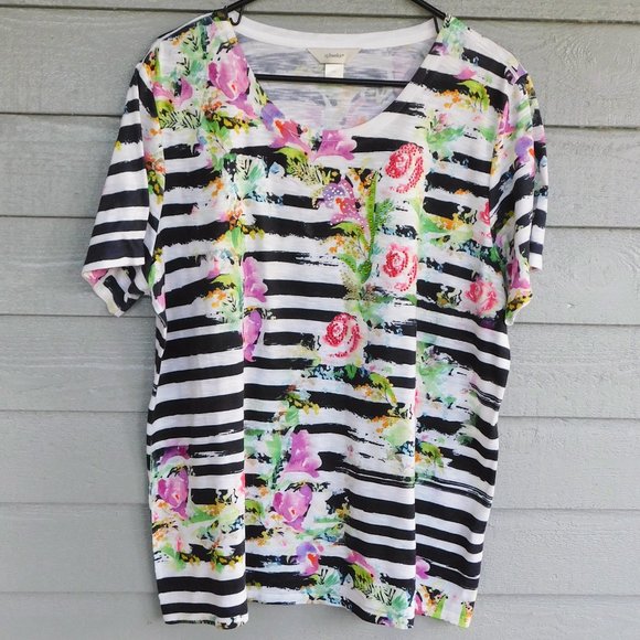 CJ Banks - Black & White Striped Floral Print Scoop Neck Tee Shirt - 1X - Picture 1 of 5